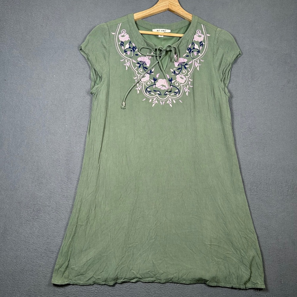 mi ami Mini Dress Womens M Green Floral Embroidered Boho A-Line A9005F112